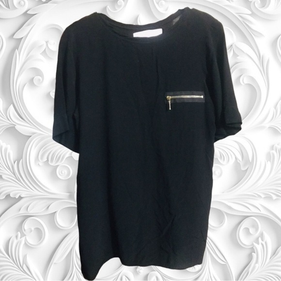 Zara Collection Black Woven Short Sleeve Top With Breast Zipper Pocket - Picture 1 of 2